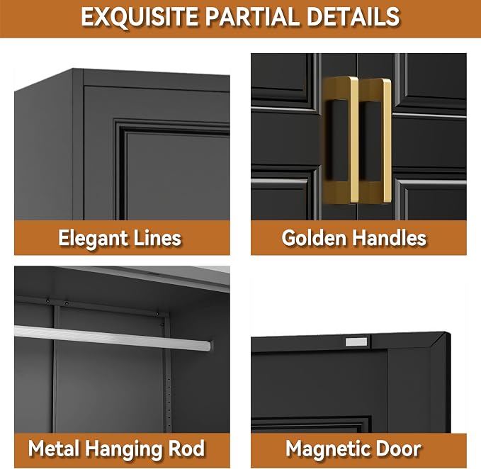 Polup 86" Tall Black Metal Armoire Wardrobe Closet with Hanging Rod | Heavy Duty Steel Clothing Storage Cabinet, 4 Doors, 180lbs Adjustable Shelves, Shipped in 2 Packages for Bedroom, Garage