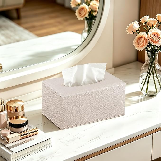Linen Tissue Box Cover Rectangle,Leather Aesthetic Facial Tissue Box Holder | Modern Facial Paper Napkin Dispenser Organizer,Decorative Tissue Cover for Bathroom Vanity,NightStand Coffee Table,Home,Hotel