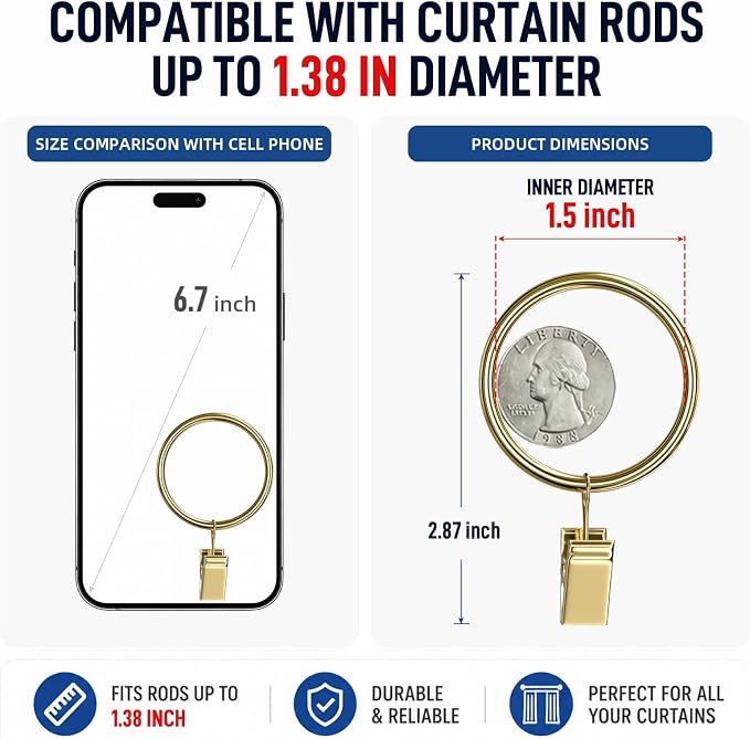Lansian 100 Pack Curtain Rings with Clips Hooks 1.5 in Diameter Rustproof | Metal Stainless Steel Drapery Rings for Tension Rod Bracket Eyelets Decorative Hanger, Fits 1.38 in Rods, Gold