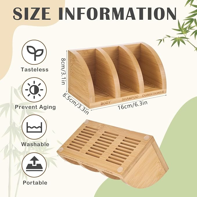 Bamboo Shampoo Bar Holder Multi Bar Soap Dish with Self Draining, 3 Slot, Natural Soap Holder for Shower Conditioner Bathroom Organizer, Keep Dry, 6.3 x 3.3 x 3.1 Inch