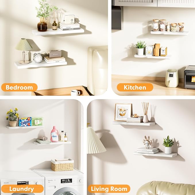 White Walnut Finish Floating Shelves with Hidden Bracket, Organic Wavy Edge Wall Shelves, Jointed Solid Pine Construction,Rustic Wall Decor for Living Room & Bathroom (Set of 2-24"