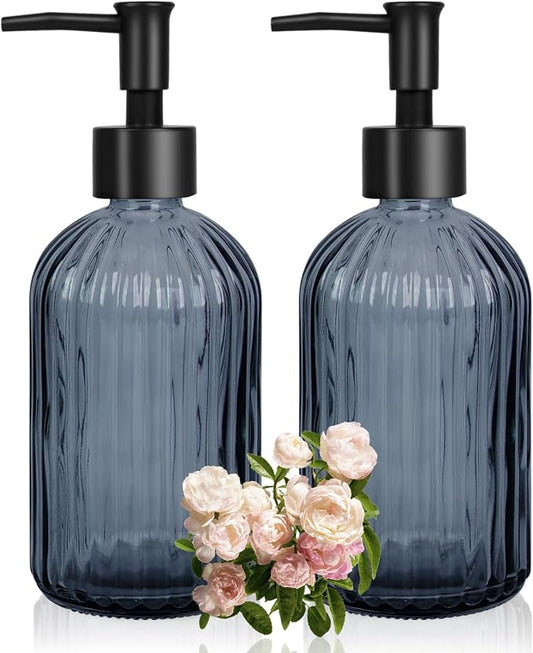 Glass Soap Dispenser with Plastic Pump, Hand Soap Dispenser for Hand Wash, Lotion Dispenser for Dishwashing Liquid, Lotion Shower Gel (Striped Blue Grey)