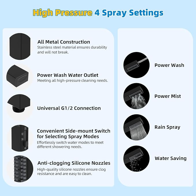 Hibbent All Metal cUPC Certified Shower Head, 8'' High Pressure Rainfall Showerhead Combo, Handheld Shower Wand, 12'' Adjustable Extension Arm, 4-Spray, 71'' Hose, Brass Shower Holder, Matte Black