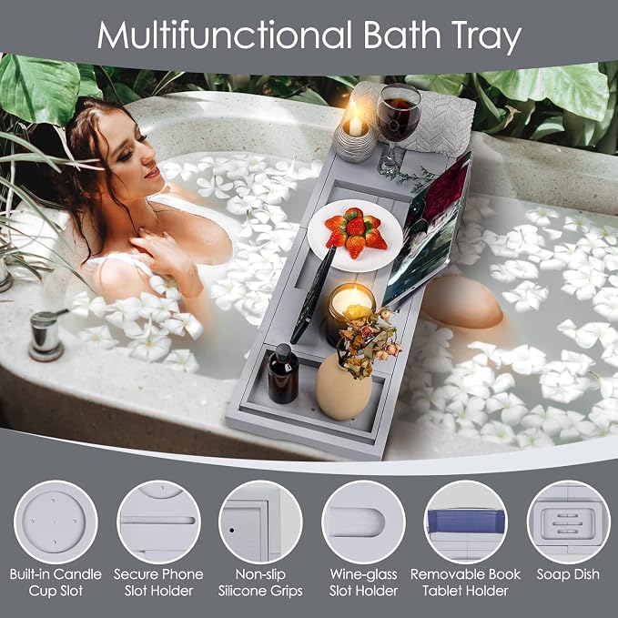 Foldable Bathtub Tray Caddy with Soap Dish Adjustable 29.5-43'' Grey | Bamboo Bath Table Trays with Non-slip Pads, Wine Glass Holder, Adjustable Tablet Book Stand, Spa Bath Essentials Organizer