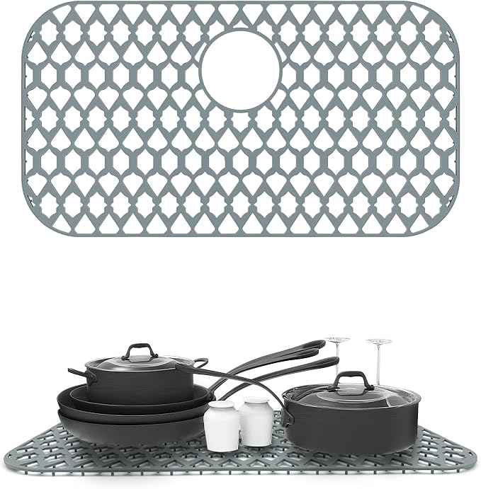 Silicone Sink Protector for Multi-Size Kitchen Sink(26"x14",Center Drain) | Flexible and durable, heat-resistant, machine washable, non-slip, gray grid.