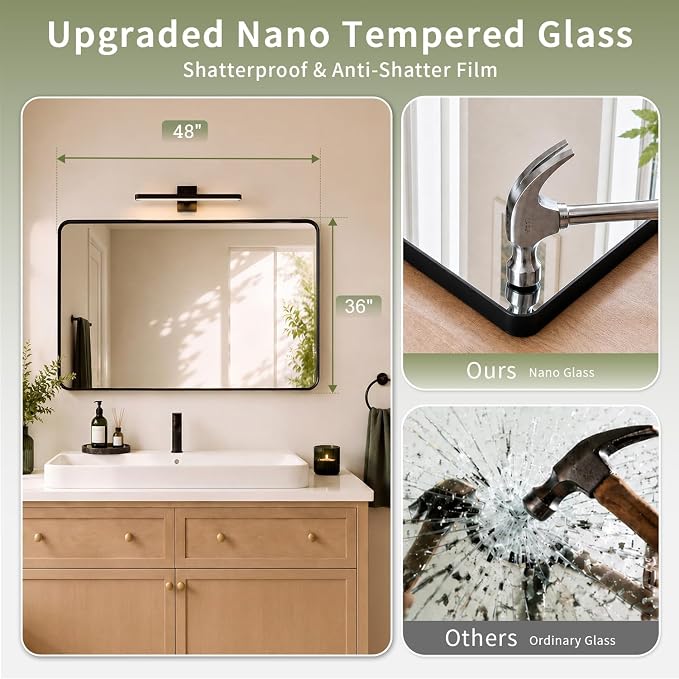 Koonmi 30x36 Inch Black Bathroom Mirror for Over Sink | Wall Mirror for Bathroom Matte Rectangle Metal Deep Framed, Shatterproof Tempered Glass, Hang Vertically or Horizontally