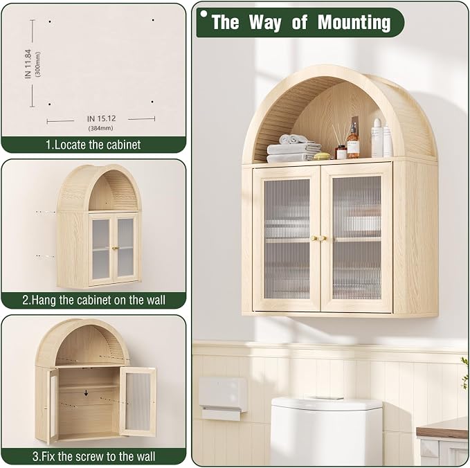 Medicine Cabinet with Arched Top, Bathroom Wall Cabinet Over Toilet with Wave Pattern Acrylic Doors and Removable Shelf, Roman Style Small Wall Cabinets for Kitchen, Living room, Laundry Room, Oak