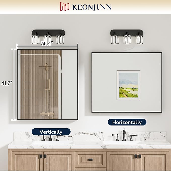 Keonjinn 42 x 36 Inch Black Bathroom Mirrors for Over Sink, Metal Frame | Rectangular Mirrors for Wall, Beveled Framed Design, Rustic Bathroom Vanity Mirror, Safety HD Tempered Glass, Square Corner