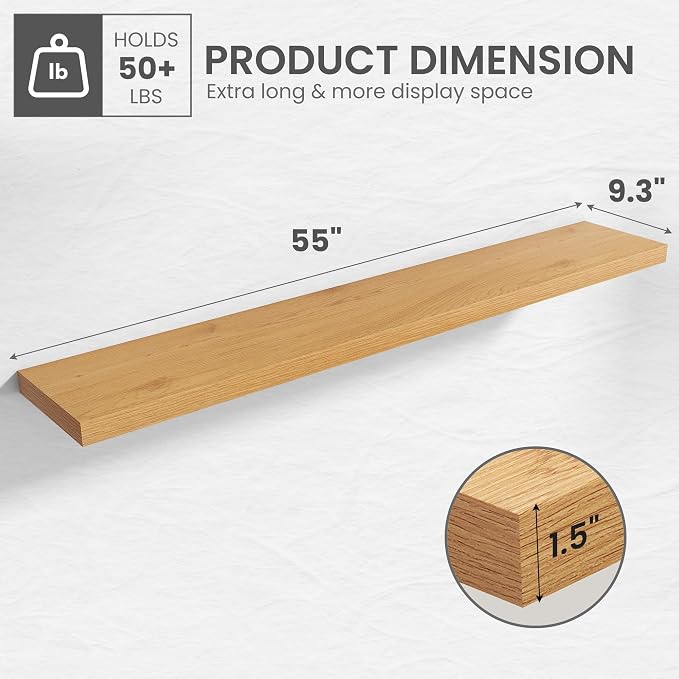 55 in Floating Shelves for Wall Decor Color Oak,Pack 1 | Modern floating shelves for living room,bedroom,kitchen and bath.Organize & display books,photos and decor.easy mount,sturdy.
