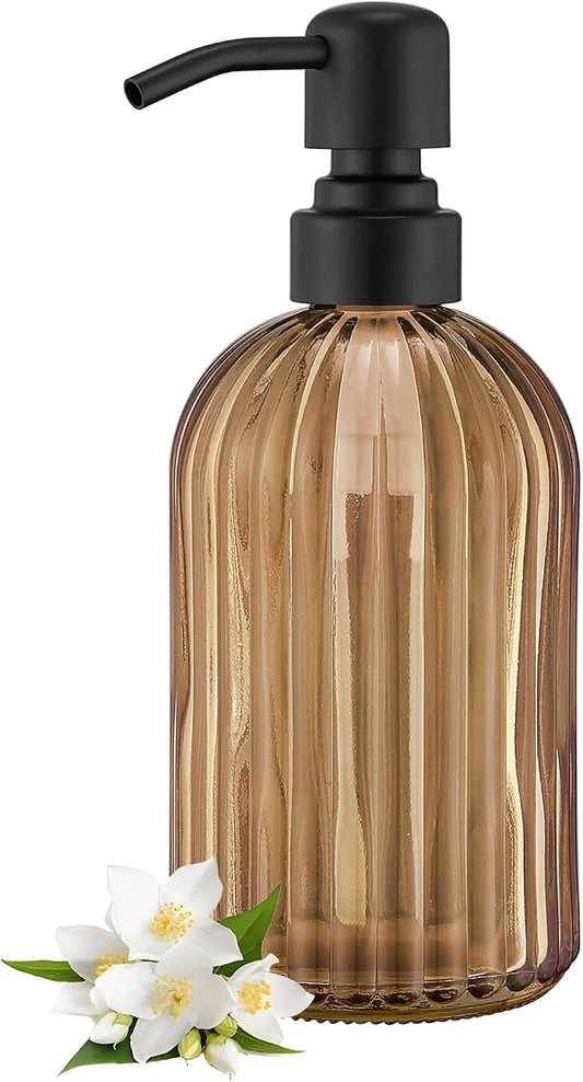 16 OZ Amber Glass Soap Dispenser, Amber Stripe Bathroom Hand Soap Dispensers with Stainless Steel Matte Black Pump,Brown Glass Kitchen Hand Soap Dispenser with Matte Black Pump