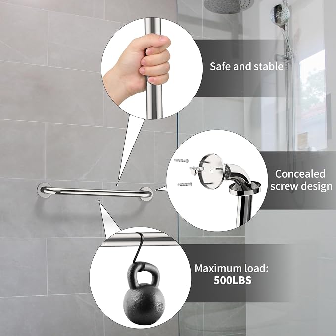 ZUEXT 16 Inch Polished Chrome Safety Grab Bar for Bathroom Shower Tub | Stainless Steel Grab Bar Handle, Bathroom Balance Bar, Safety Hand Rail Support, Handicap Elderly Injury Seniors Assist