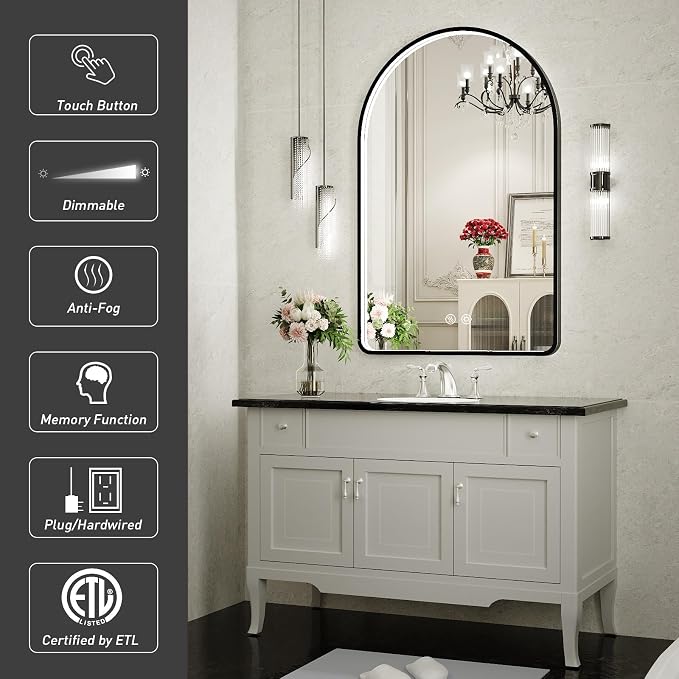 40X30 Inch Black Framed Arched LED Mirror for Bathroom,3 Color | ETL Listed,Anti-Fog,3000K/4500K/6000K Dimmable,Horizontal & Vertical,Wall Mounted,Memory Function,Ideal for Bathroom,Vanity