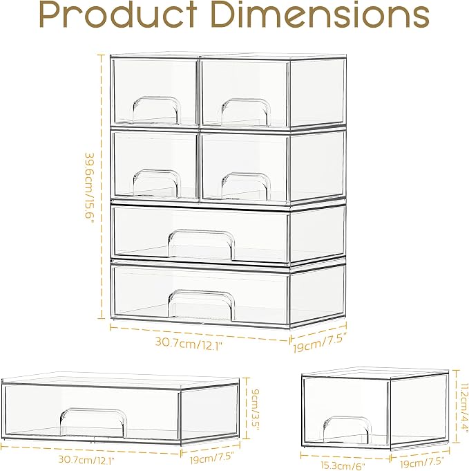 Stackable Storage Drawers, 6 Pack Clear Plastic Makeup & Bathroom Organizer, Versatile Storage Bins for Vanity, Under Sink, Kitchen Cabinets & Pantry