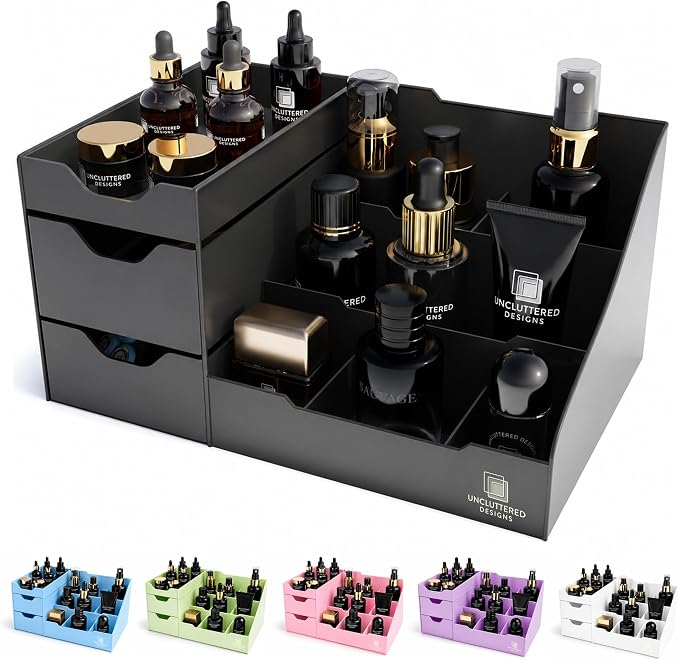 Large Black Vanity Organizer - Countertop Mens Organizer With Drawers for Cologne, Deodorant, Beard, Shaving Lotion, Perfume & Skincare - Perfect for Bathroom & Bedroom Storage
