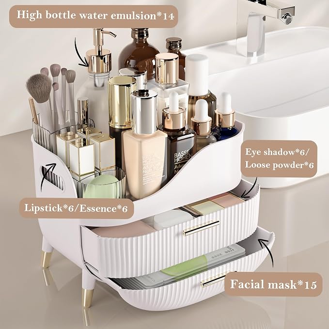 Makeup Organizer for Vanity, Large Capacity Skincare Organizer Countertop | Cosmetics Organizer with 2 Drawes, Cosmetic Display Cases Makeup Storage Box for Bedroom, Bathroom, Gifts for Women(White)