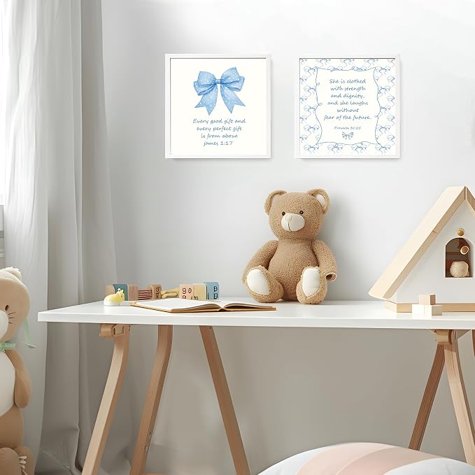 LARTSFRO Coquette Blue Bow Jesus Wall Art Decor Posters, Light Blue Bow Christian Room Bathroom Bedroom Dorm Wall Art Decor Aesthetic for College Teen Girls Gifts, Inspirational Bible Verses Bow Wall Decor, 8x8 Inch Set of 4 Bow Pictures(UNFRAMED)
