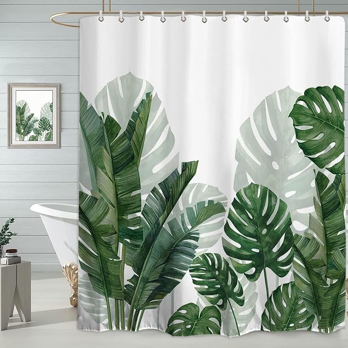 Baccessor Extra Long Tropical Green Leaf Shower Curtain Waterproof Washable Fabric Summer Botanical Banana Monstera Leaf Palm Tree Bathroom Shower Curtain with Hooks Weighted 72 W x 84 L Inch