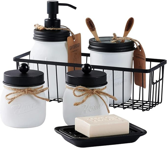 SheeChung Mason Jar Bathroom Accessories Set,6Pcs Rustic Bathroom Set,White | Glass Bathroom Accessory Set, Soap Dispenser, Toothbrush Holder, 2 Qtip Holders,Soap Dish,Wire Basket,Western Farmhouse Decor