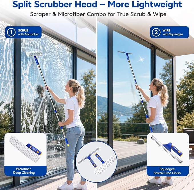 Window Squeegee Cleaning Kit with 60" Extension Pole & Rotatable Head | 2 x 11" Microfiber Pads & 12" Rubber Blade Glass Washing Tool for High Window, Shower Doors, Car Windshields, Indoor, Outdoor