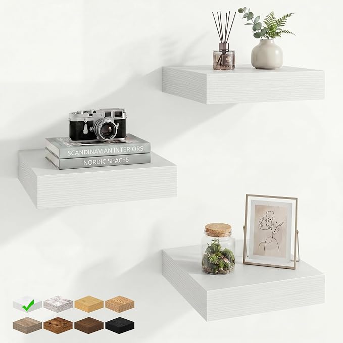 Marsmiles 8in Depth Floating Shelves, 8x8x1.4, White, Set of 3 | Small Wall Mounted Square Shelves, Engineered Wood, Invisible Brackets, Living Room, Bedroom, Bathroom, Kitchen Decor