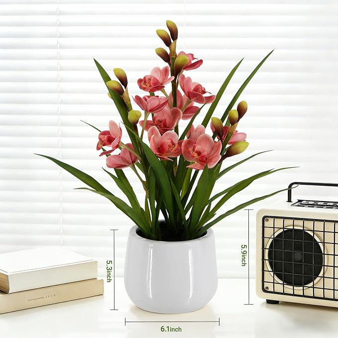 Fake Orchid Plant 19" Tall, Realistic Touch Leaves, Potted Cymbidium Artificial Plants Indoor for Home Decor Small Office Home Living Room-Pink