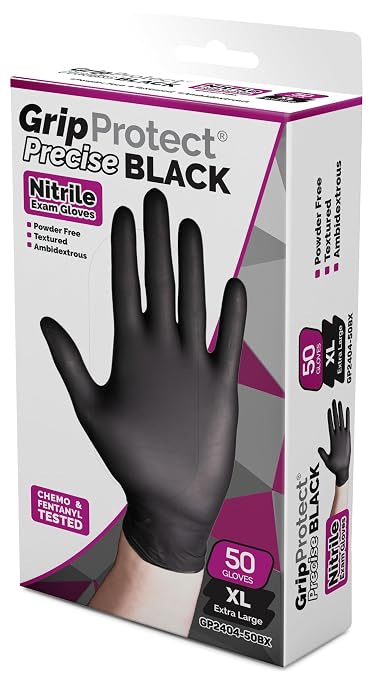 GripProtect Precise Black Nitrile Gloves 4 Mil, Chemical Resistant Gloves | XLarge Textured Grip for Mechanics, Tattoos, Food Prep & Cleaning – Medical Grade Disposable Gloves, 50 Count