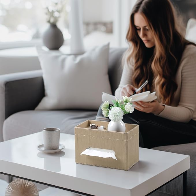 Plus Size Tissue Box Cover, Rectangle Tissue Box Organizer, Wood | Fit 180/230 Count Tissue Boxes, Storage Tray, PU Leather Large Tissue Box Cover, Rectangular Tissue Box Holder for Bathroom
