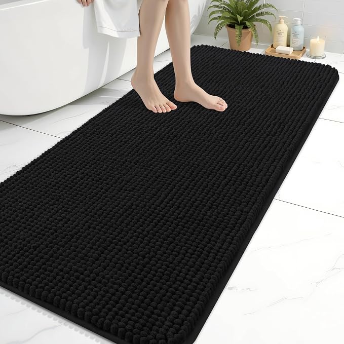 Arotive Chenille Bathroom Rugs 59x24, Soft Absorbent Bath Mat, Black | Rubber Backing, Machine Washable Dry Bath Mats for Bathroom Floor, Tub and Shower, Home Decor Accessories