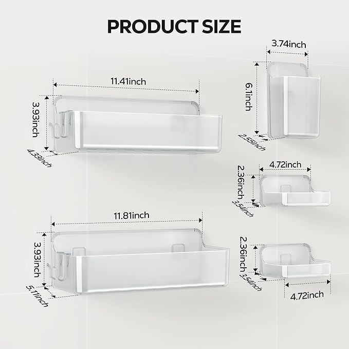 Nieifi Adhesive Shower Shelves, Clear, 5 Pieces | Rustproof ABS, Large Capacity, Removable Design, Easy-Clean, No Drilling Shower Organizer for Bathroom Storage & Home Decor