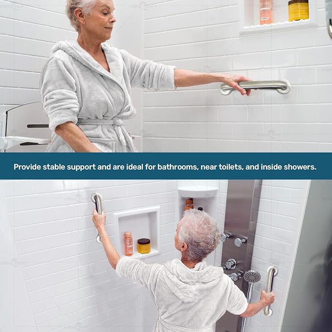 Brushed Metal Grab Bars For Bathroom, Strong Shower Handle And Bath Handle For Safety, Shower Grab Bars For Seniors, Safety Bars For Shower Chair Bench, Shower Handle For The Elderly, Great Toilet Bar