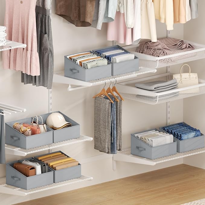 DIMJ Storage Bins for Closet, Trapezoid Storage Bins with Front Handle, Fabric Storage Baskets for Shelves, Line Closet Organizers for Toys, Boooks, Clothes, 6 Packs (Grey)