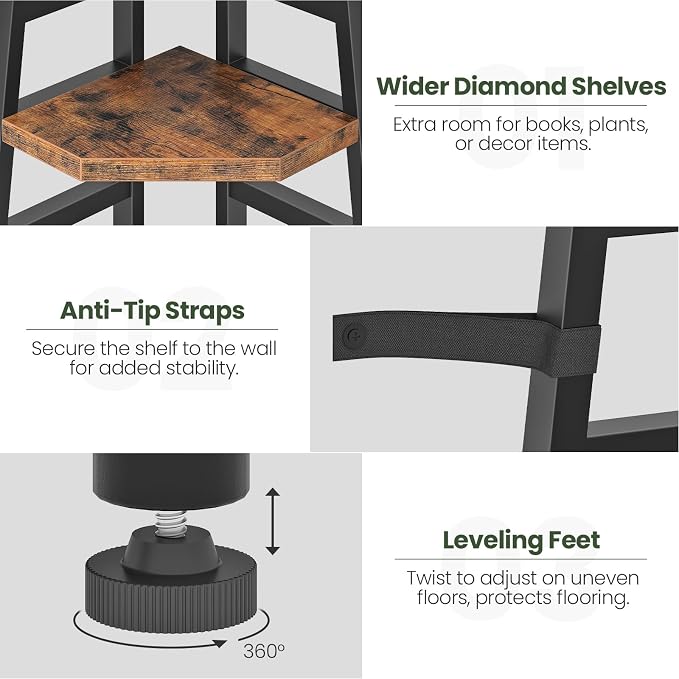 70.1-Inch 5-Tier Tall Corner Shelf, Narrow Bookshelf for Small Spaces, Industrial Bookcase Display Stand for Living Room, Bedroom, Office, Rustic Brown TCJ25BF