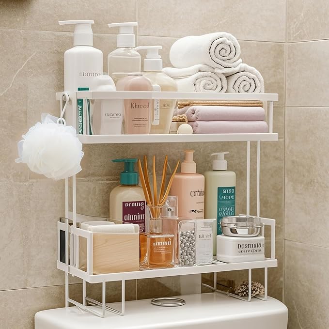 ShellKingdom Over The Toilet Storage Shelf, 2 Tier Toilet Paper Holder Rack | Punch-Free Bathroom Storage Rack with 2 Hooks, Small Space Organizers for Bathroom, Home, White