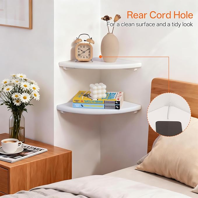 Gieanoo White Corner Wall Shelf 12inch Solid Oak Wood Floating Corner Shelf with Wire Hole Corner Wall Storage Display Shelves for Living Room Bedroom Bathroom Kitchen