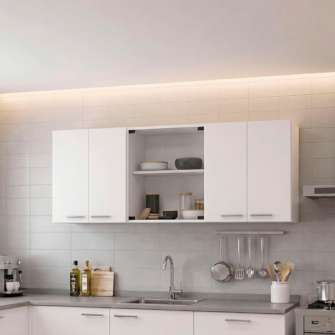 FM FURNITURE Yuma 59" Wall Cabinet, with Two Close cabinets and Two Open Shelves - White. for Kitchen Room