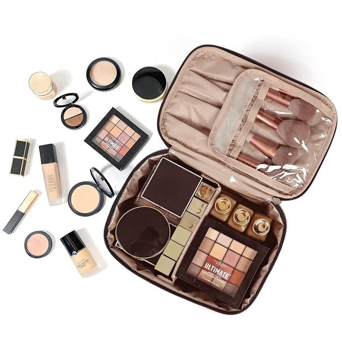 NISHEL Large Makeup Bag Organizer, Double Layer Cosmetic Travel Case | Organizer for brushes, bottles, makeup and skin care products, ideal for trips and daily use, Black, Medium