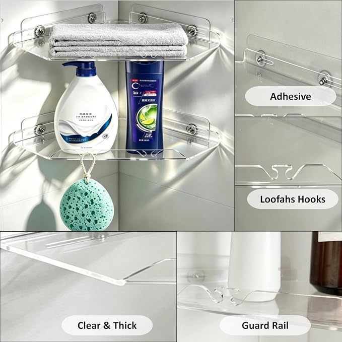 Corner Shower Caddy Shelf Rack, 10"x10" 1 Tier Clear | 2 Tier Adhesive Shower Organizer Essentials, No Drilling Acrylic Bathroom Storage Rack, With Hooks