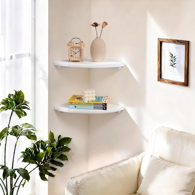 Gieanoo White Corner Wall Shelf 16inch Solid Oak Wood Floating Corner Shelf with Wire Hole Corner Wall Storage Display Shelves for Living Room Bedroom Bathroom Kitchen
