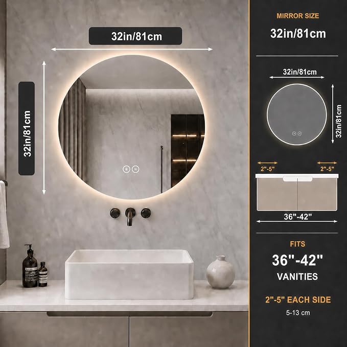 LAIYA 32 Inch Round LED Bathroom Mirror Frameless Backlit Anti-Fog Dimmable | Touch control, 24V IP65 strip, CRI 95+, 3000K-6000K colors, 10%-100%, memory, 5mm copper-free glass, 3-5 min defog, wall kit.