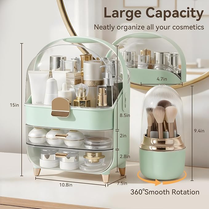 Makeup Organizer for Vanity with Brush Holder, Lid and 2 Drawers, Green | Large Capacity Bathroom Counter Organizer for Skincare, Cosmetic Storage, Dustproof, Waterproof, Teen Girl Gifts
