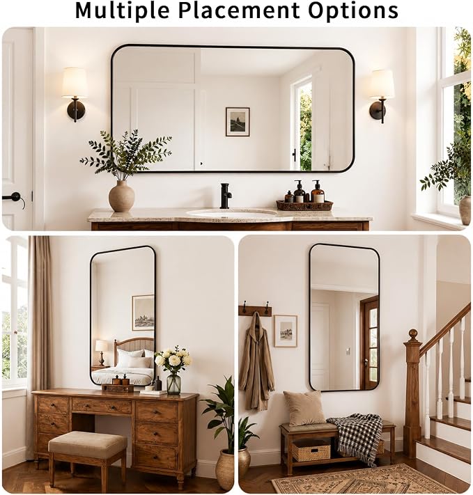 Koonmi 36x60 inch Black Bathroom Mirror for Over Sink | Wall Mirror for Bathroom Matte Rectangle Metal Deep Framed, Shatterproof Tempered Glass, Hang Vertically or Horizontally