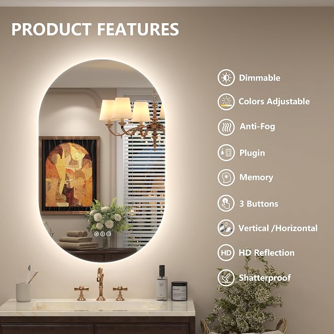 20x36 Inch Oval Backlit LED Bathroom Mirror | Dimmable Vanity Mirror for Wall, Phill-shaped, Anti-Fog, 3 Colors, Memory, Shatter-Proof, ETL Listed, Horizontal or Vertical