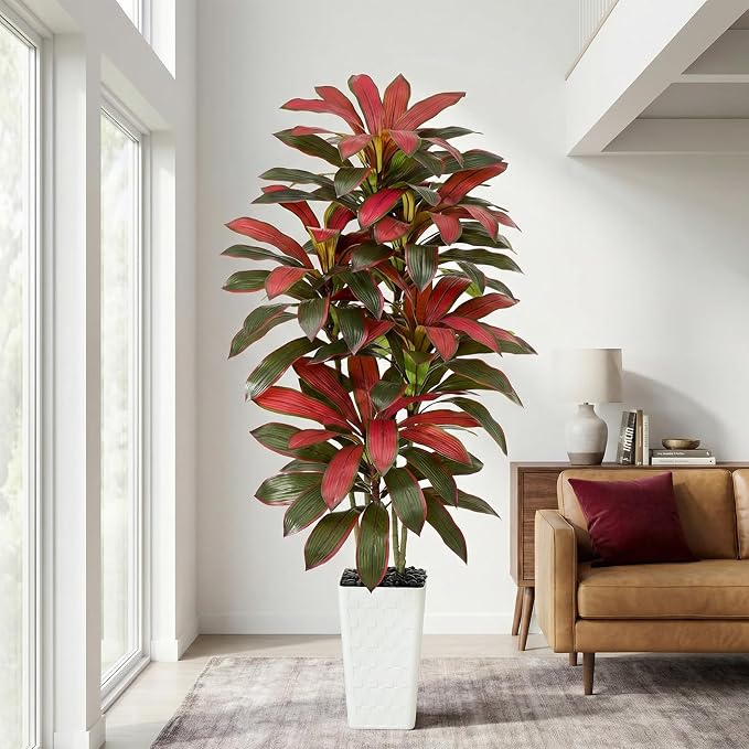 Artificial Red Dracaena Tree Indoor, 6FT Tall Fake Floor Plants with White Planter & Pebbles, Faux Silk Yucca Tree for Home Office Living Room Bedroom Farmhouse Modern Outdoor Topiary Tree