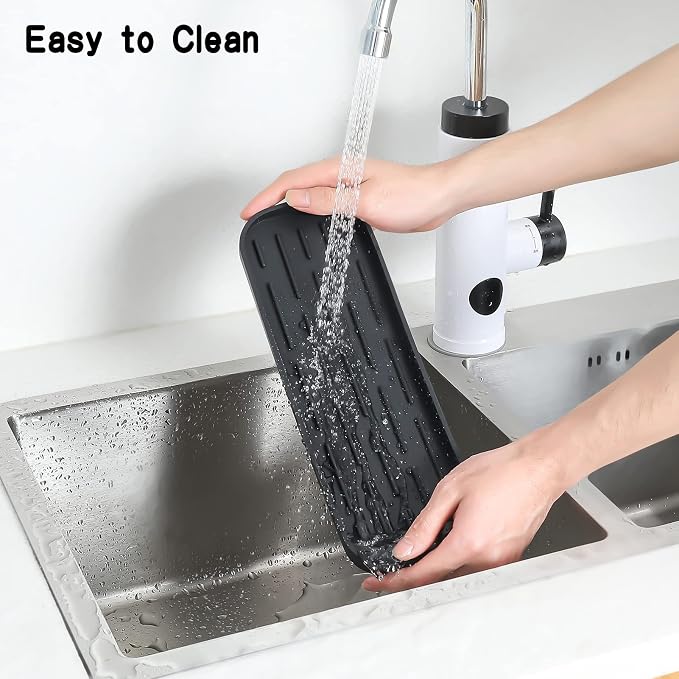 MicoYang Silicone Kitchen Sink Organizer Tray for Multiple Usage,Eco-Friendly Sponges Holder for Kitchen Bathroom Counter or Sink,Dish Soap Dispenser,Scrubber,Bottle,Cup (Black, 12"×4")