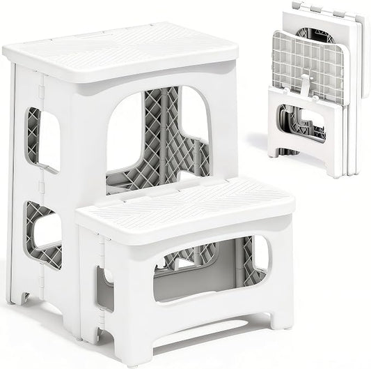 2 Step Stool Foldable, Non-Slip Steps, Folding Step Stool for Adults & Kids, Plastic Stool Pool Ladder, Collapsible Stools 2 Step Ladder for Kitchen Toilet Bedroom Office RV, Holds 330 lbs