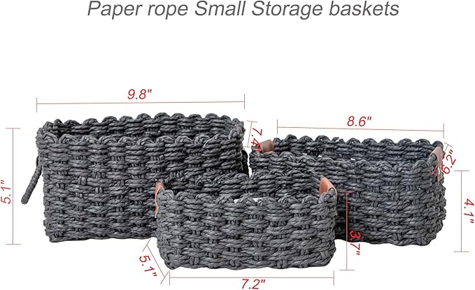 Paper rope Small Storage baskets for Organizing,Cute woven Little basket for Home，Shelves, Bathroom,Decorative basket,Set of 3 (Black)