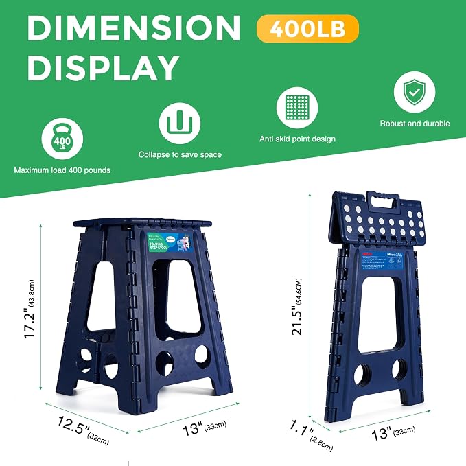 Dyforce Folding Step Stool 17.5 Inch,400lbs Foldable Step Stool for Adults | Step Stool Foldable Blue,Non-Slip Plastic Stepping Stool with Carry Handle,Lightweight for Bathroom Kitchen Bedroom Garden