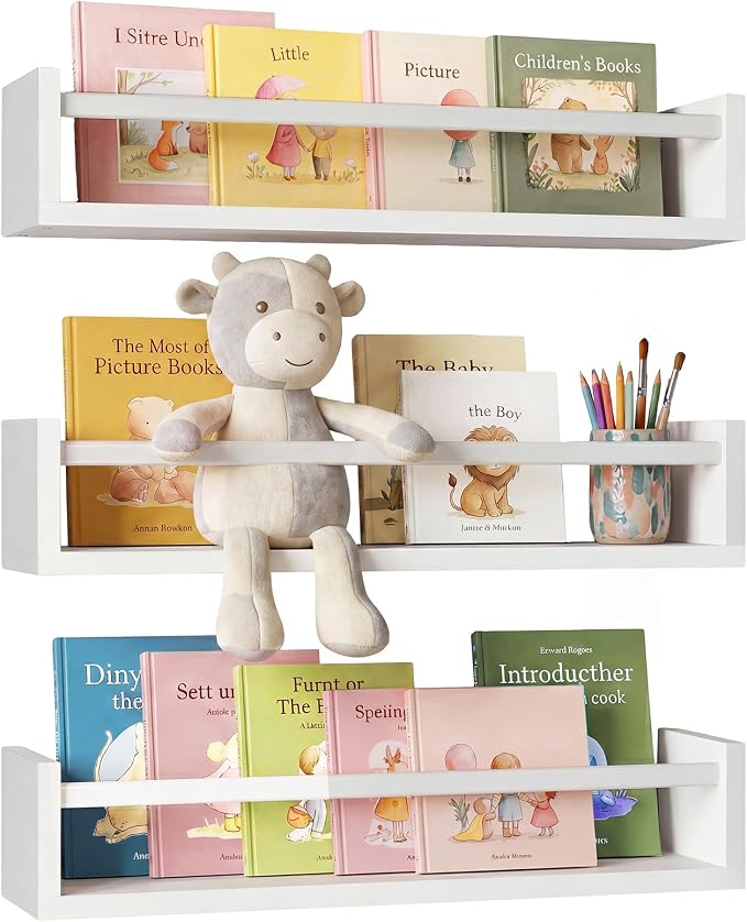 Fixwal Floating Nursery Book Shelves for Wall, 16.5in, Set of 3, White | Solid wood shelves store kids' books, toys and clothing. Fits kids' room, playroom, nursery, living room, bedroom & bathroom.