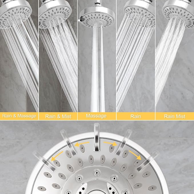 AISOSO High Pressure Rain Shower Head 5 Modes Showerhead 4.1" Chrome Silver | Low Water Pressure Compatible, Powerful Spray Fixed Showerhead for a Relaxing Indoor & Outdoor Shower
