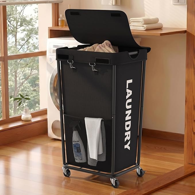Laundry Hamper with Wheels and Lid, 110L Large Rolling Laundry Basket Black | Heavy Duty Clothes Organizer, Sturdy Metal Frame, Lockable Swivel Casters, Removable Bag, For Bedroom, Bathroom, Laundry Room